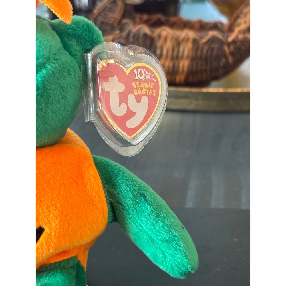 Ty Beanie Babies Tricky the Bear Halloween Pumpkin 10th Anniversary Plush Green - Picture 2 of 11